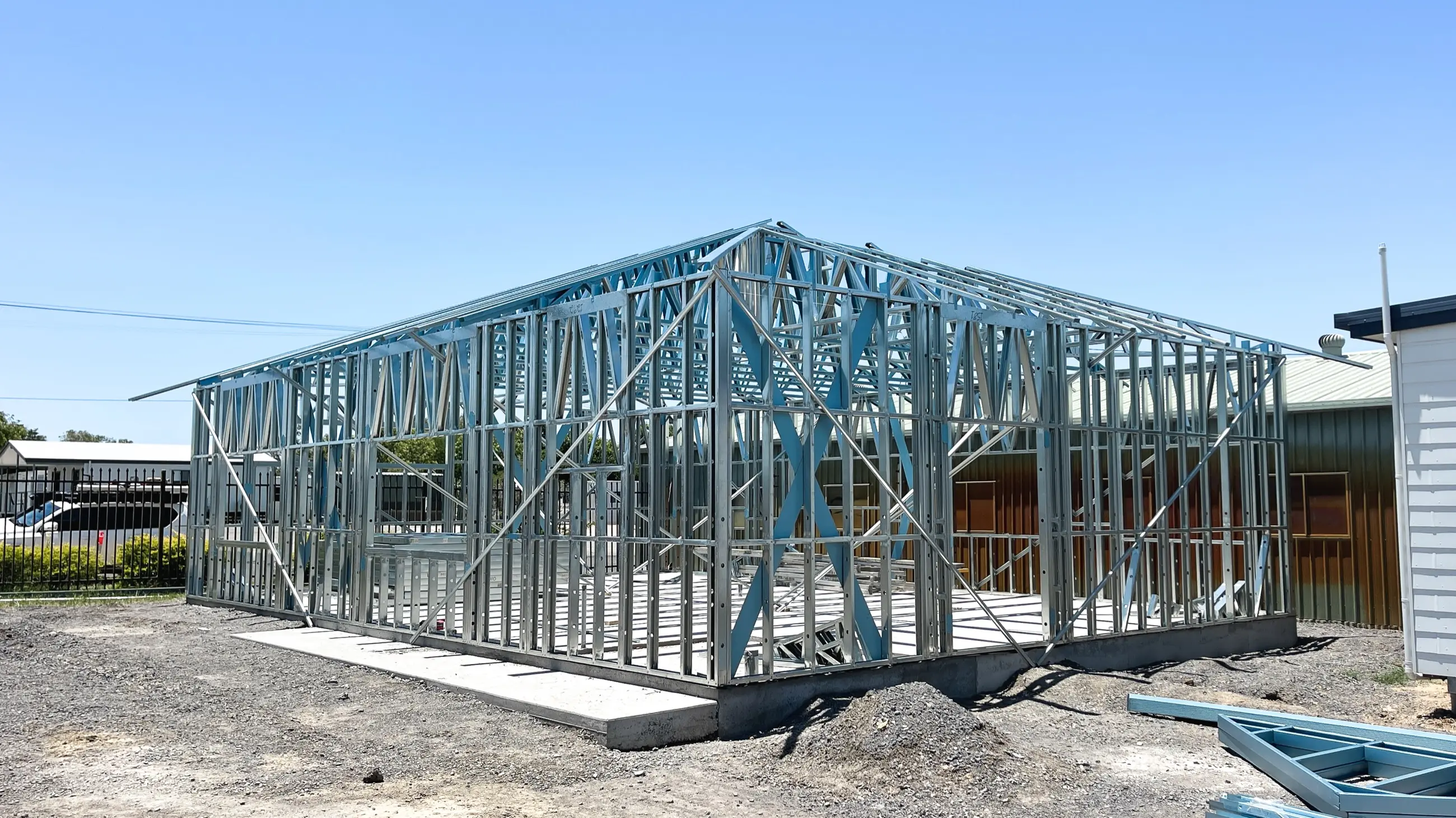 Light-gauge steel framing and roof trusses erected for a regional office building