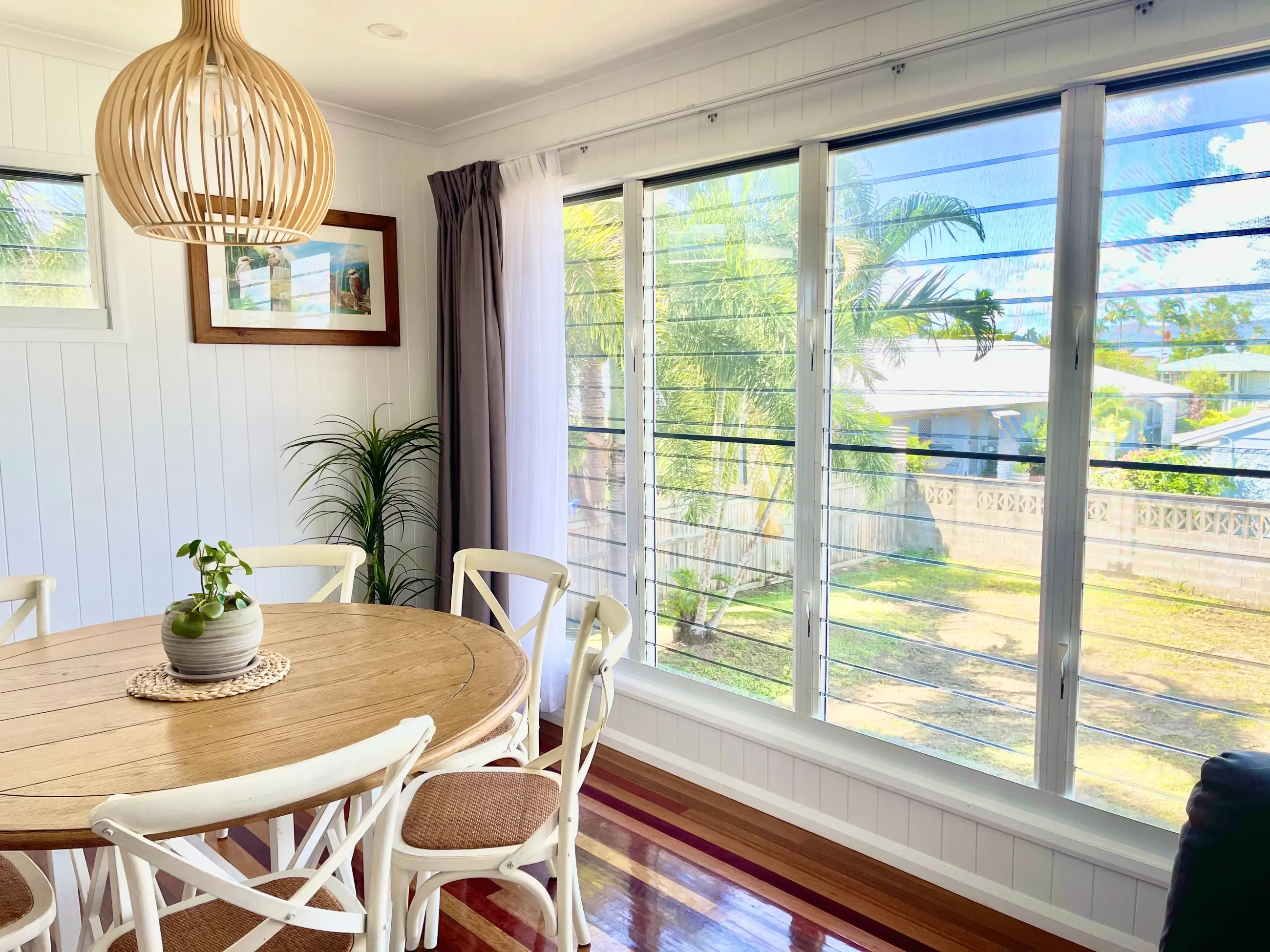 Completed Lancaster Street dining area with wide louvres and white wall lining